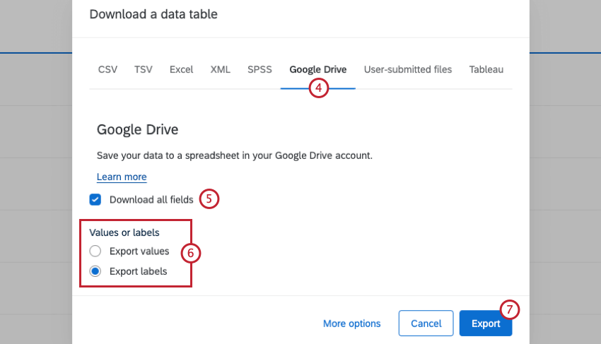 New window. Google drive option at top. Check boxes further towards bottom. Export button far-right bottom corner