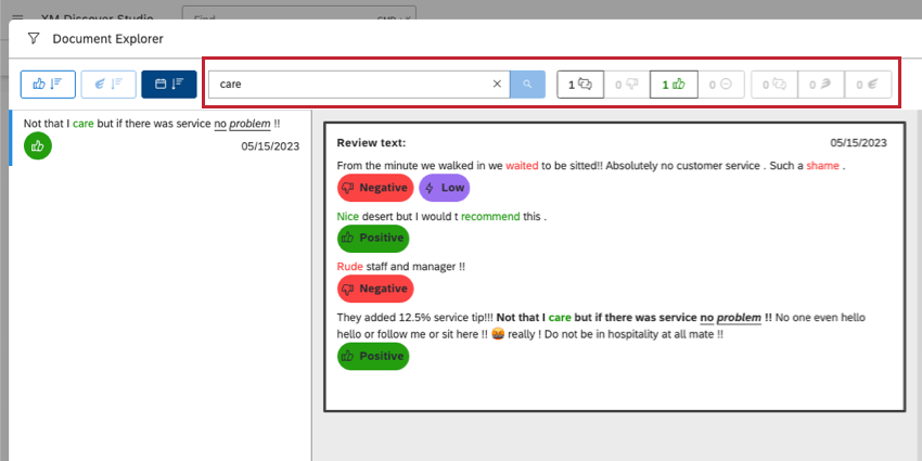 Searching in the document explorer