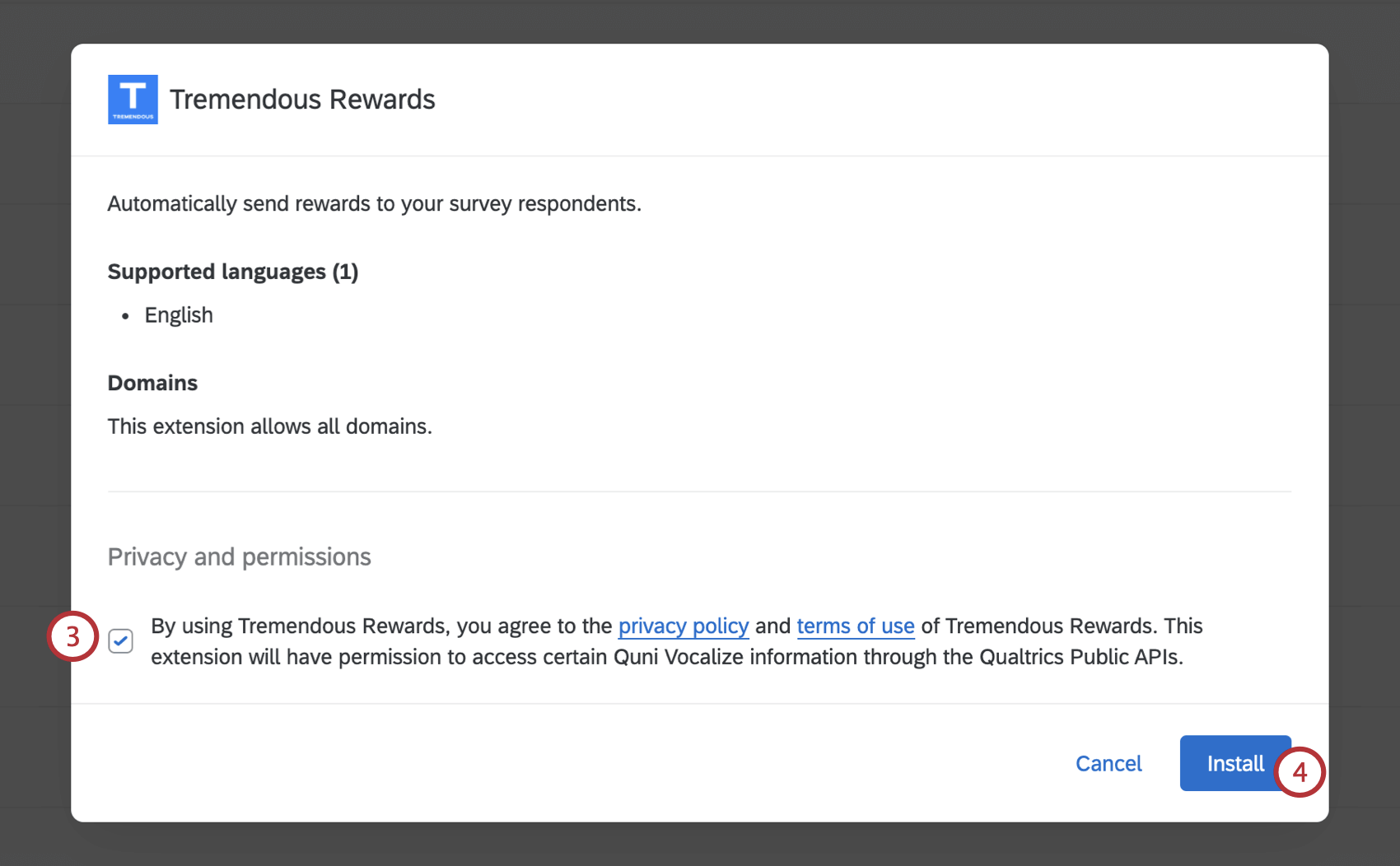 la finestra delle condizioni quando si installa una nuova estensione