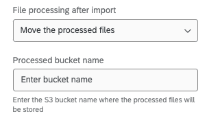 Dateiverarbeitung nach dem Import: Verschieben Sie die verarbeiteten Dateien. Name des verarbeiteten Buckets: Geben Sie den S3-Bucket-Namen ein, in dem die verarbeiteten Dateien gespeichert werden.