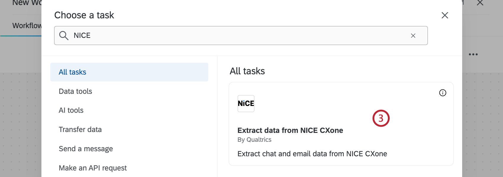 selezione dellattività Estrai i dati da nice cxone durante la creazione di un flusso di lavoro