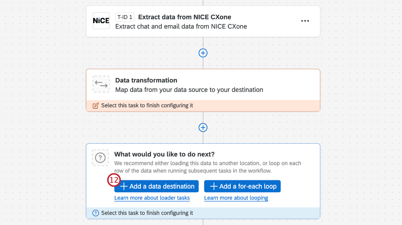 button to add a data destination within the workflow