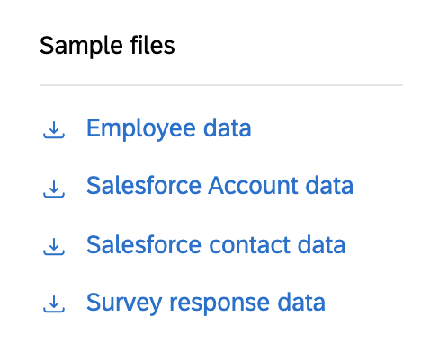従業員データ、Salesforce アカウントデータ、Salesforce 連絡先データ、アンケート回答データなどのファイル例のリスト。