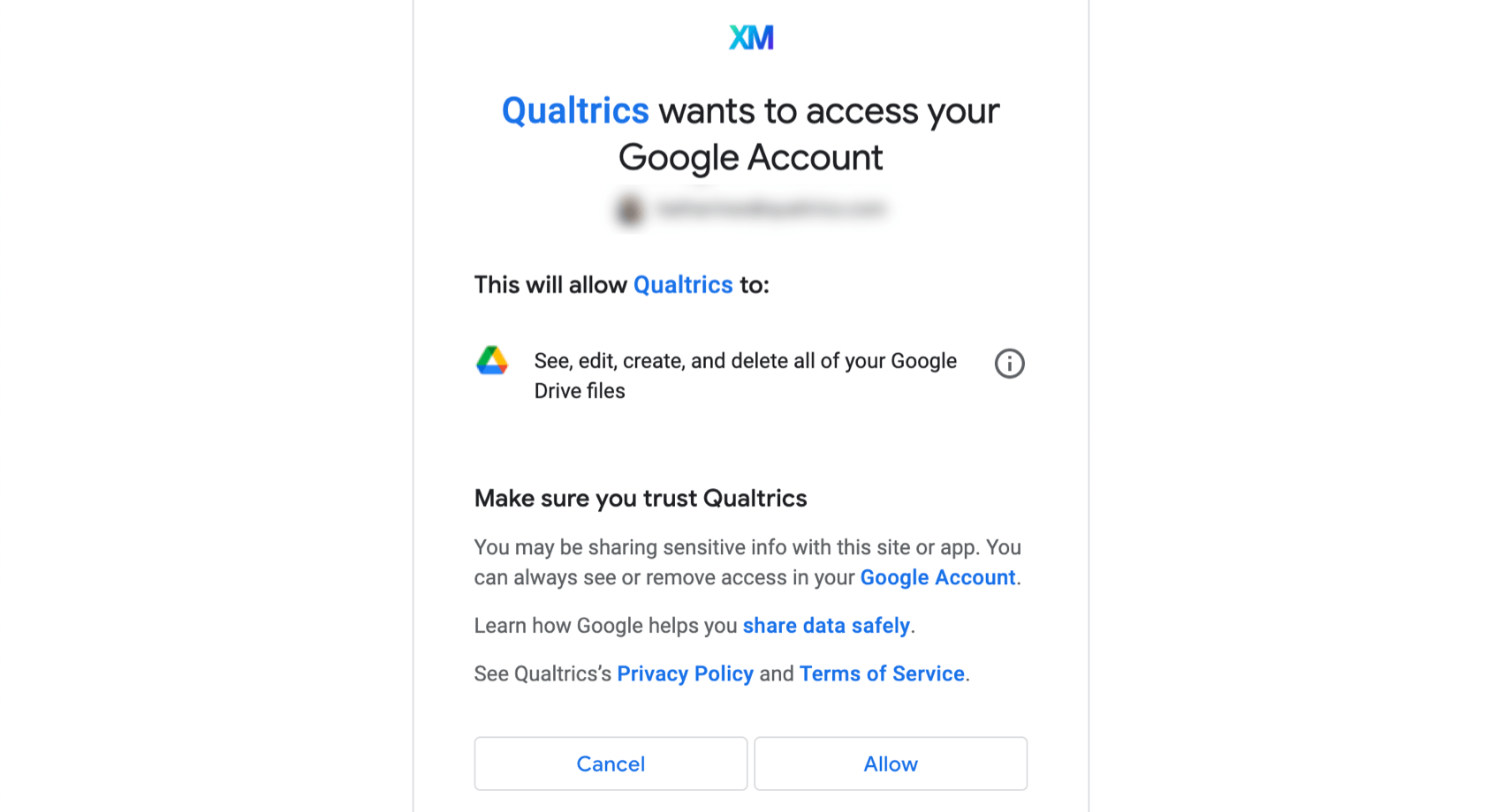 the authorization screen for allowing Qualtrics