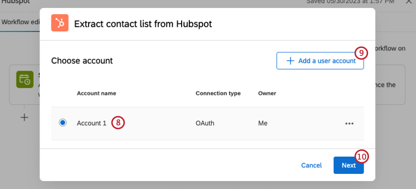 tela de seleção de conta para selecionar uma conta hubspot já adicionada ou conectar uma nova conta