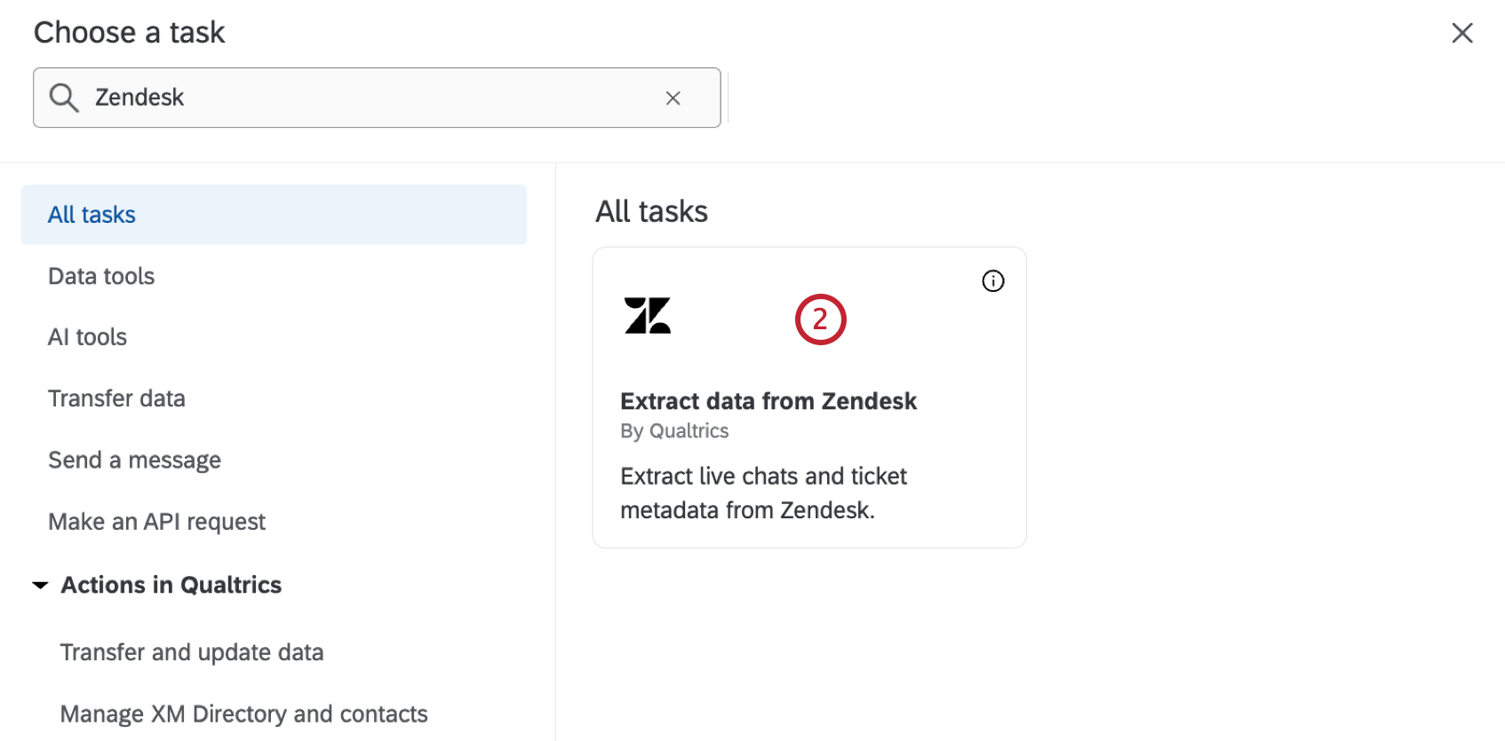 the "extract data from zendesk task" highlighted within the task selection