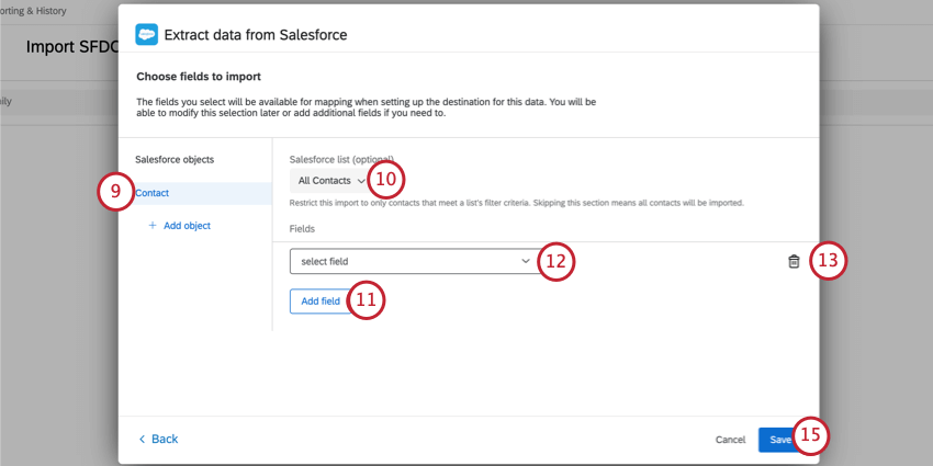 Seleccionar campos de un objeto de contacto en Salesforce para importar
