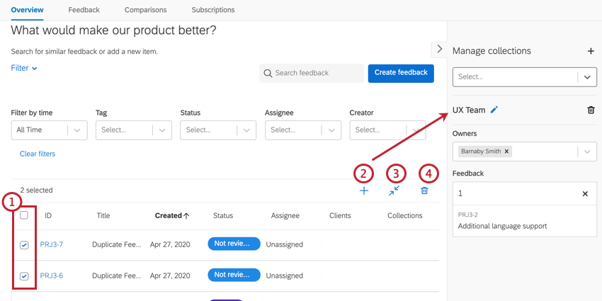フィードバックリクエストを選択し、管理者アクションを実行する。