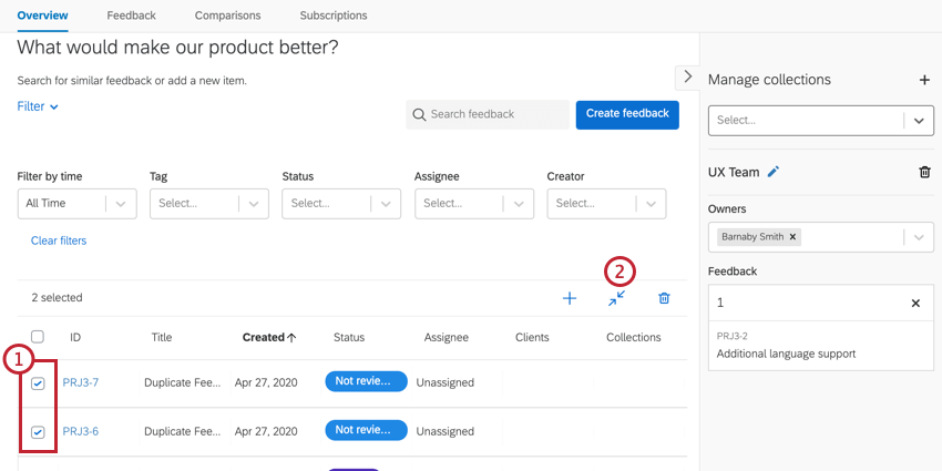 selecting multiple feedback requests and then clicking Merge