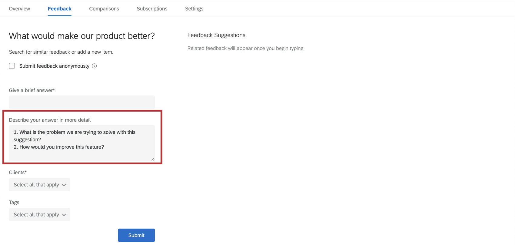 A pciture of aforementioned questions in the feedback editor