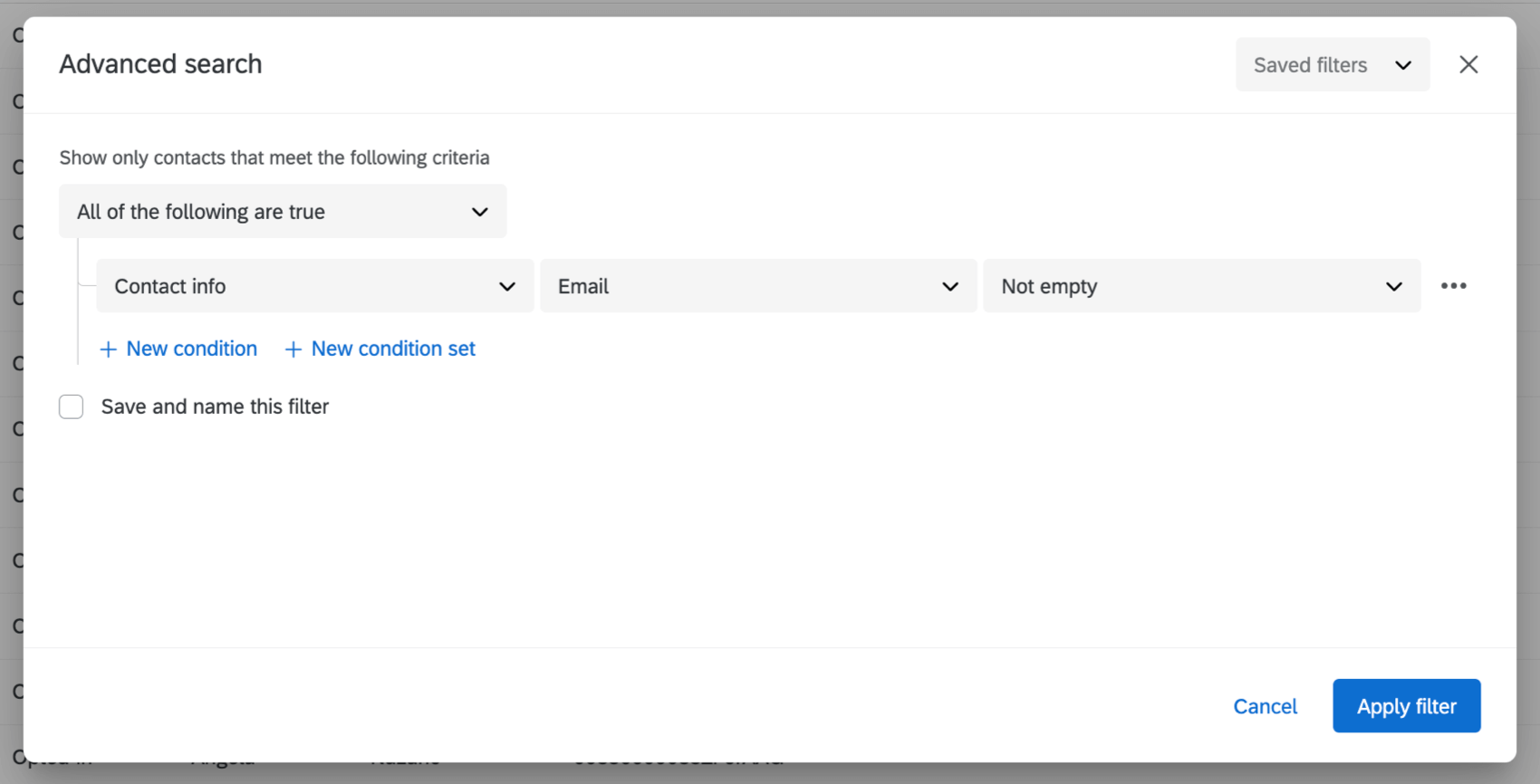 setting up an advanced filter based on contact info