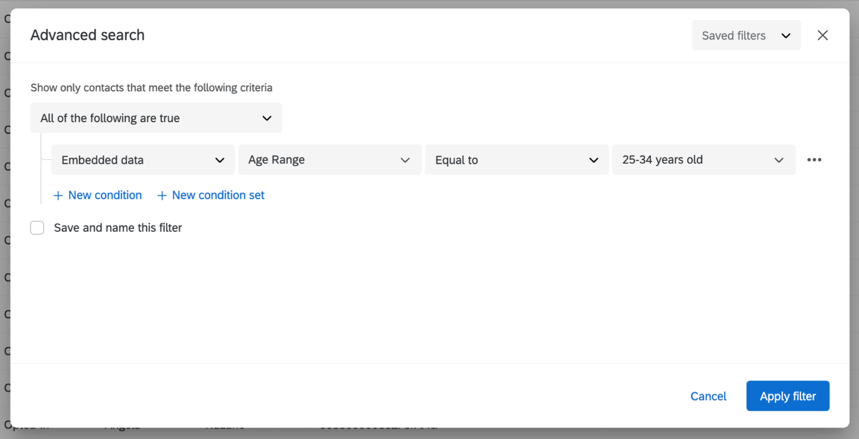 setting up an advanced filter based on embedded data