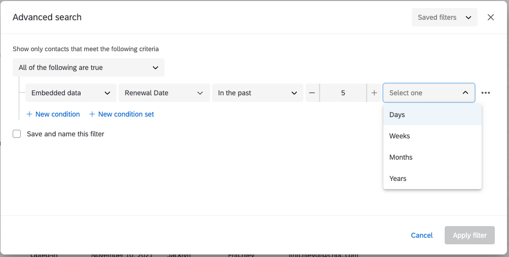 searching for contacts with “Renewal Date In the past 5 Days”