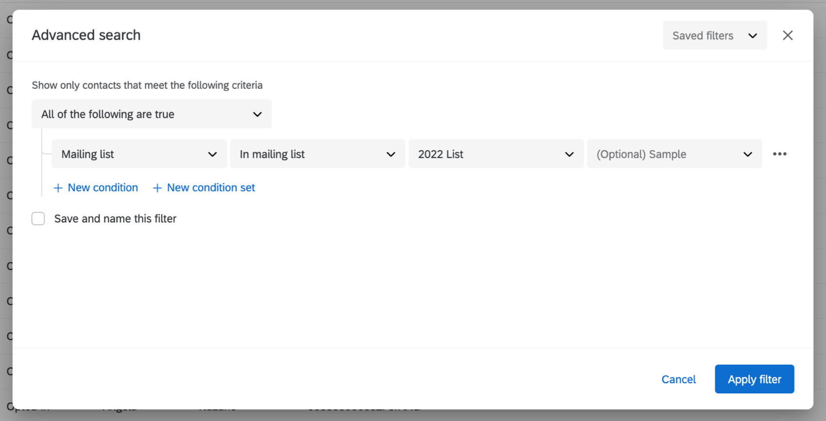 setting up an advanced filter based on mailing list criteria