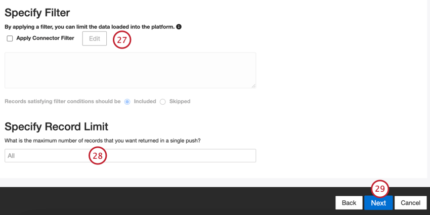 Agregar un filtro de conector y especificar un límite de registros