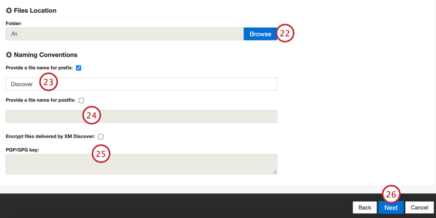 choix de lemplacement Sftp pour exporter le fichier et ajout de paramètres de nommage