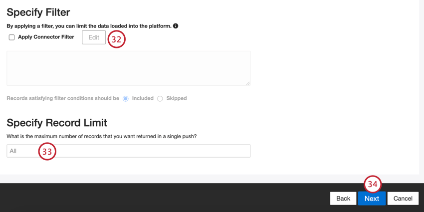 adicionar um filtro de conector e especificar um limite de registros