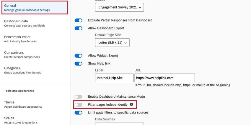loption "Filtrer les pages indépendamment" dans les paramètres du tableau de bord