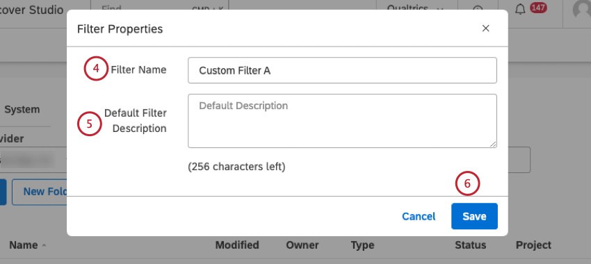 Inserire un nuovo nome per il filtro nella casella Nome filtro. Inserire una descrizione del filtro nella casella Descrizione filtro predefinita (opzionale). Fai clic su Salva.