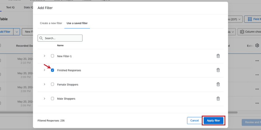 new window where you check off filters you want to apply