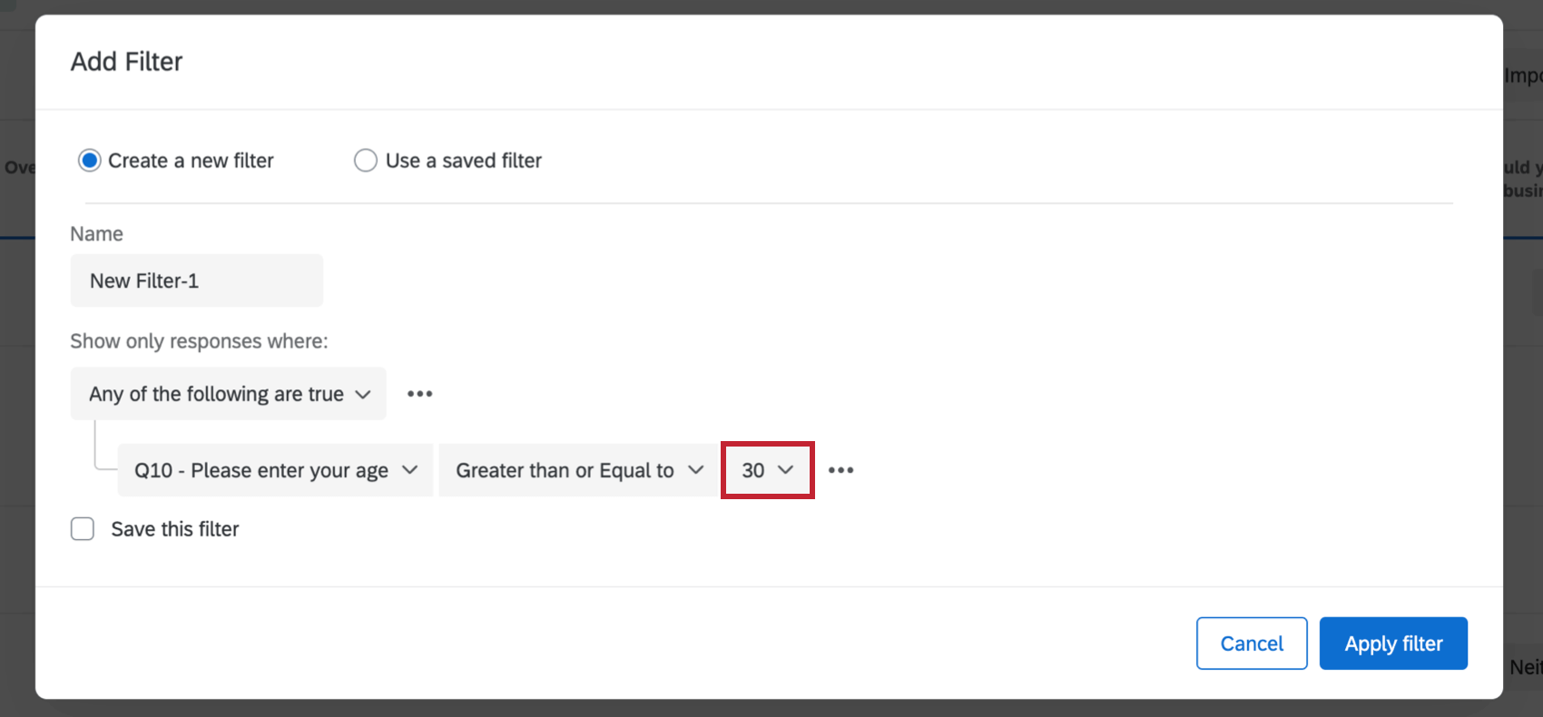 Filter that checks if an age is greater than or equal to 30