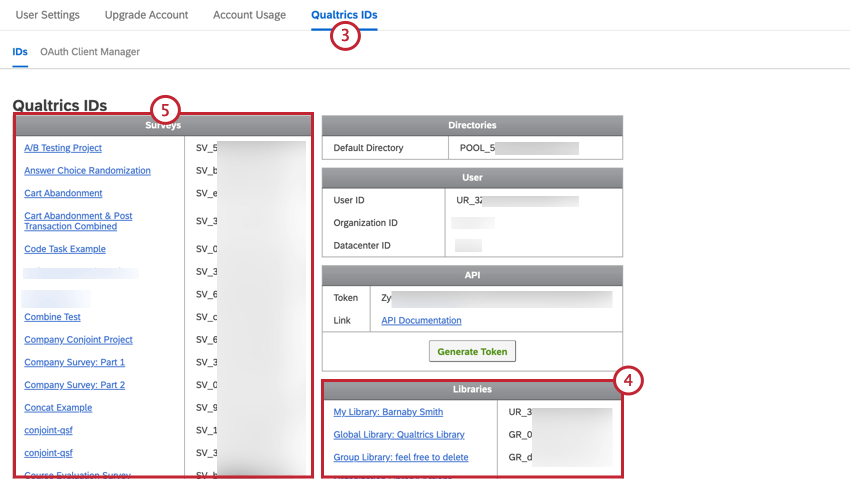 Navigation zu qualtrics und Anzeigen der verschiedenen IDs