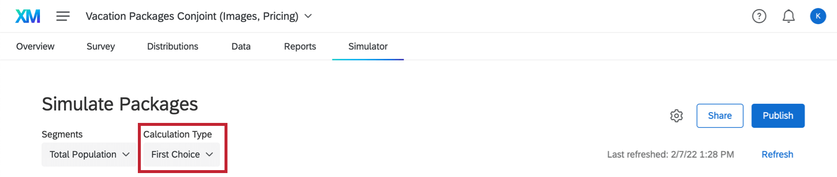 Image of calculation type dropdown at top of Simulator tab