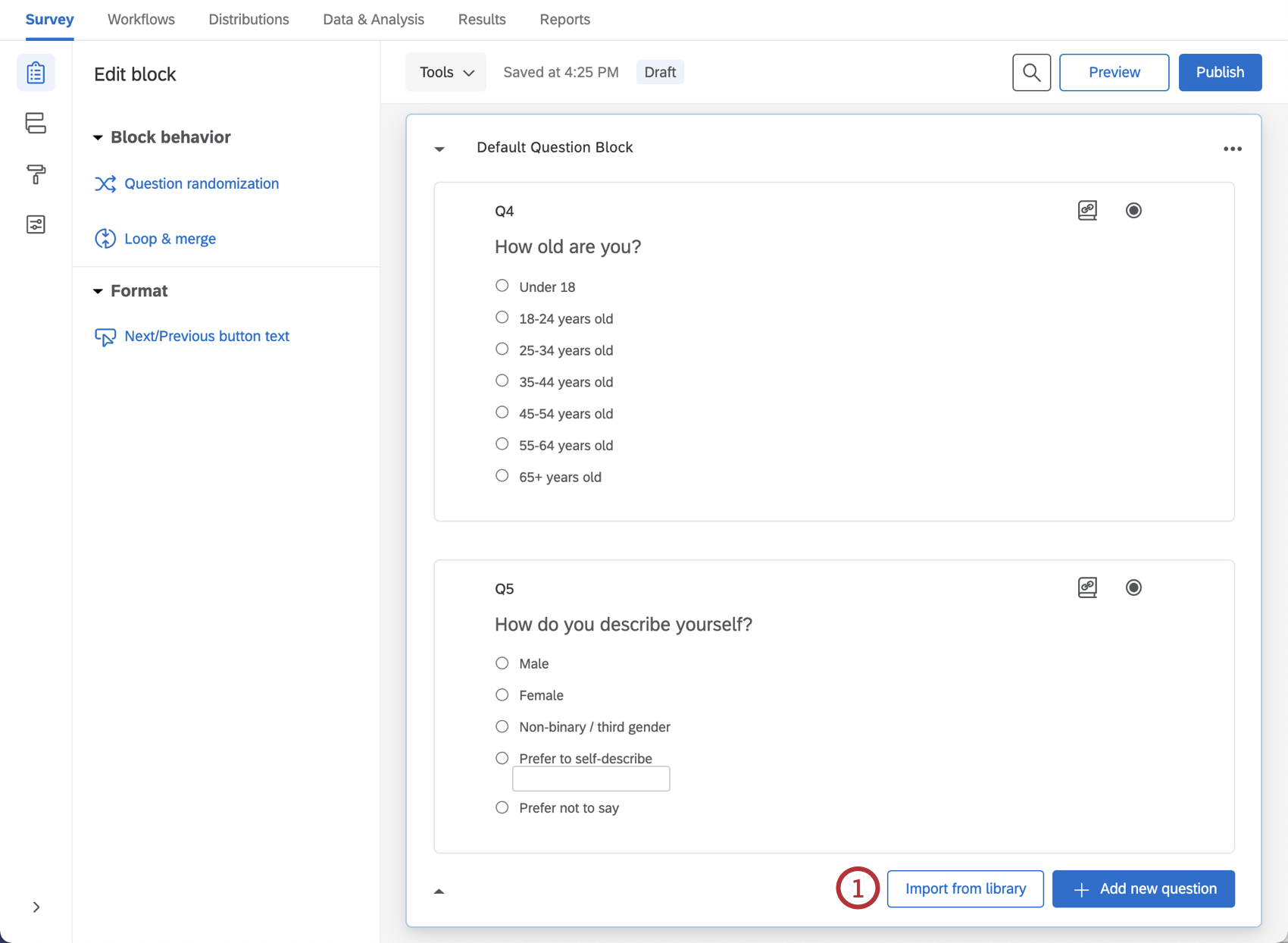 Import from library option within survey builder
