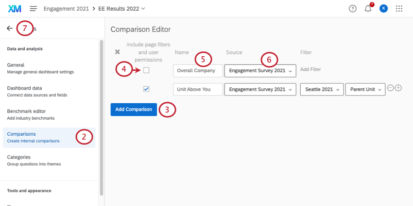 Comparisons section of dashboard settings.