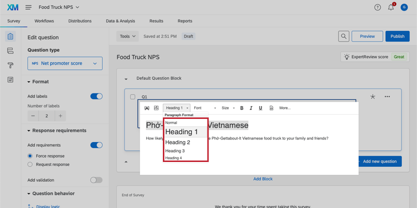 Le menu déroulant Format souvre, révélant les options pour plusieurs styles den-têtes et de paragraphes