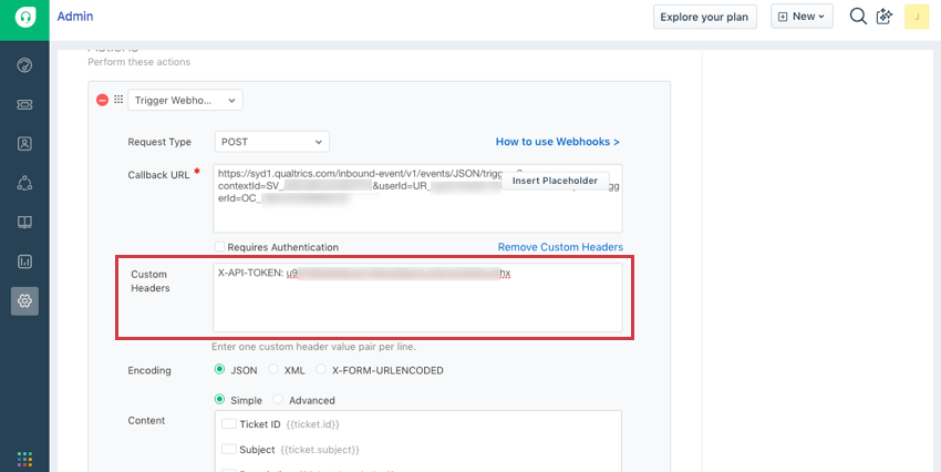 カスタムヘッダーボックスには、X-API-TOKEN: と表示され、APIトークンがぼやけて表示されます。