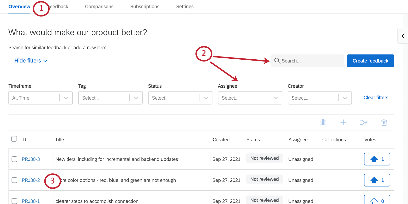 Suchen Sie auf der Registerkarte "Übersicht" nach einer Feedback, und wählen Sie sie aus.
