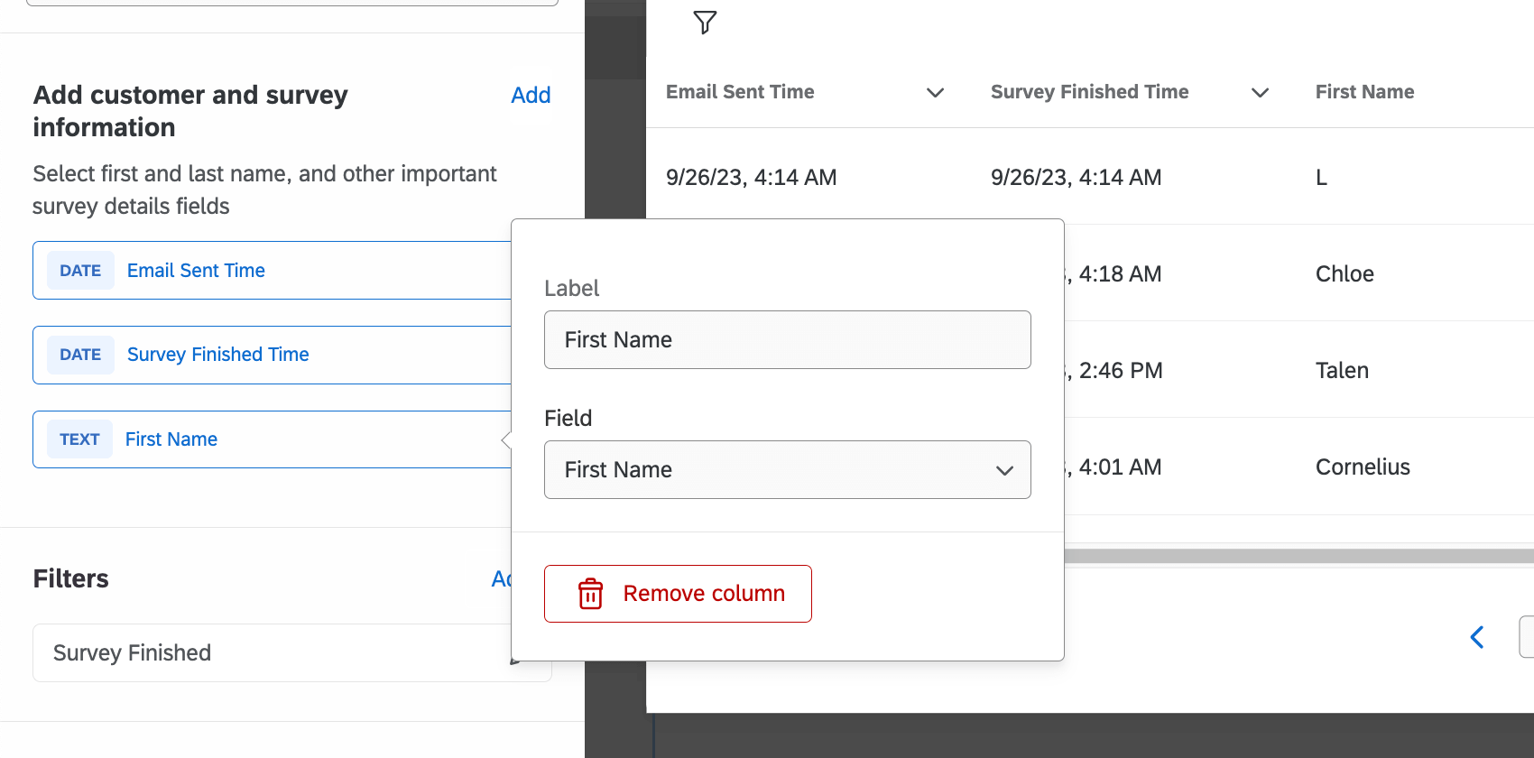 dialog box expanded and remove column button in red