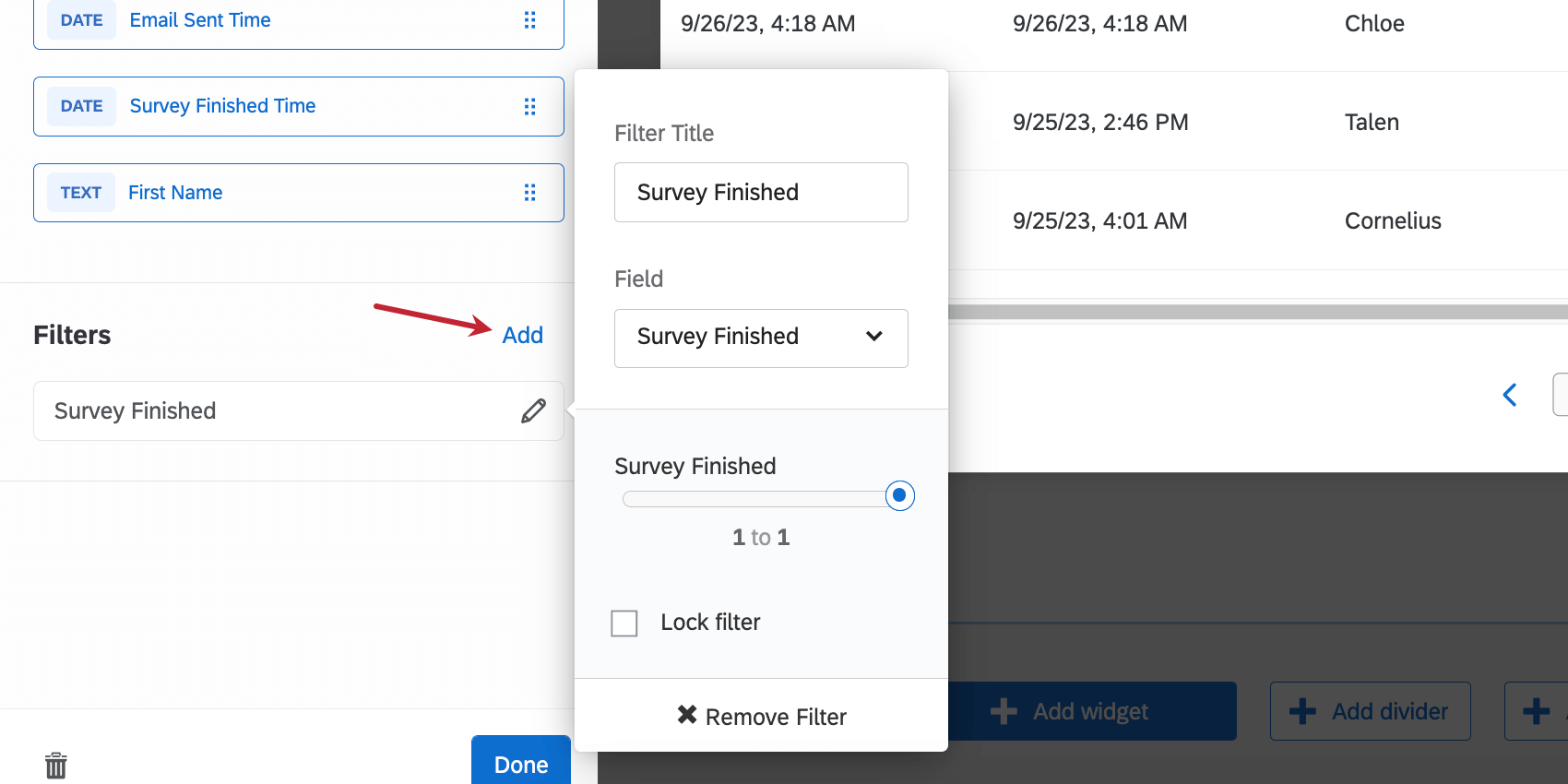 in widget editing pane, filters header, with an add button. click a filter to make a dialog of more settings appear