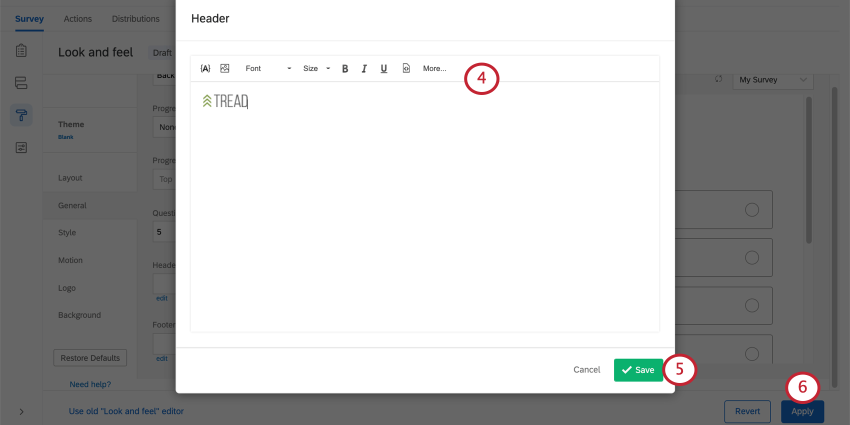 imagem da tela do editor de cabeçalho/rodapé. um logotipo da qualtrics aparece no editor.