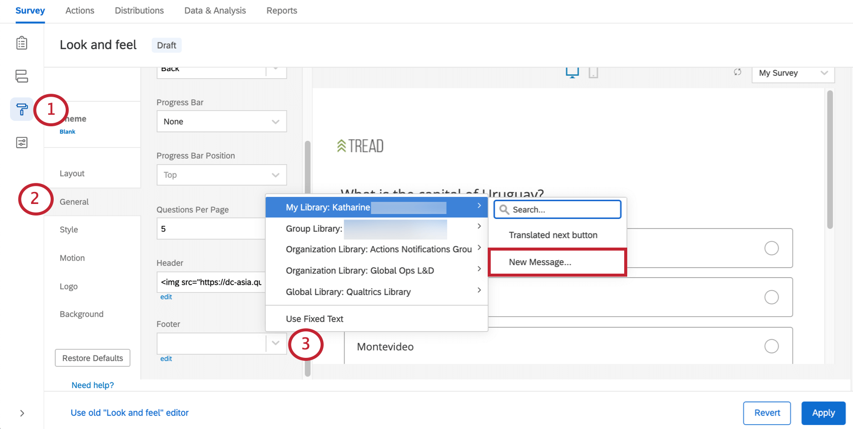 Scheda Generale del menu Aspetto e tema. La freccia a discesa avanti al campo intestazione/footer è evidenziata testo per selezionare un messaggio della libreria da usare come intestazione/footer. Lopzione Nuovo messaggio è selezionata per creare un nuovo messaggio della libreria.