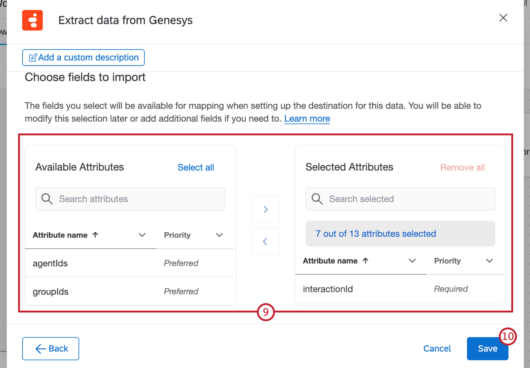 Seleccionar atributos para importar desde genesys