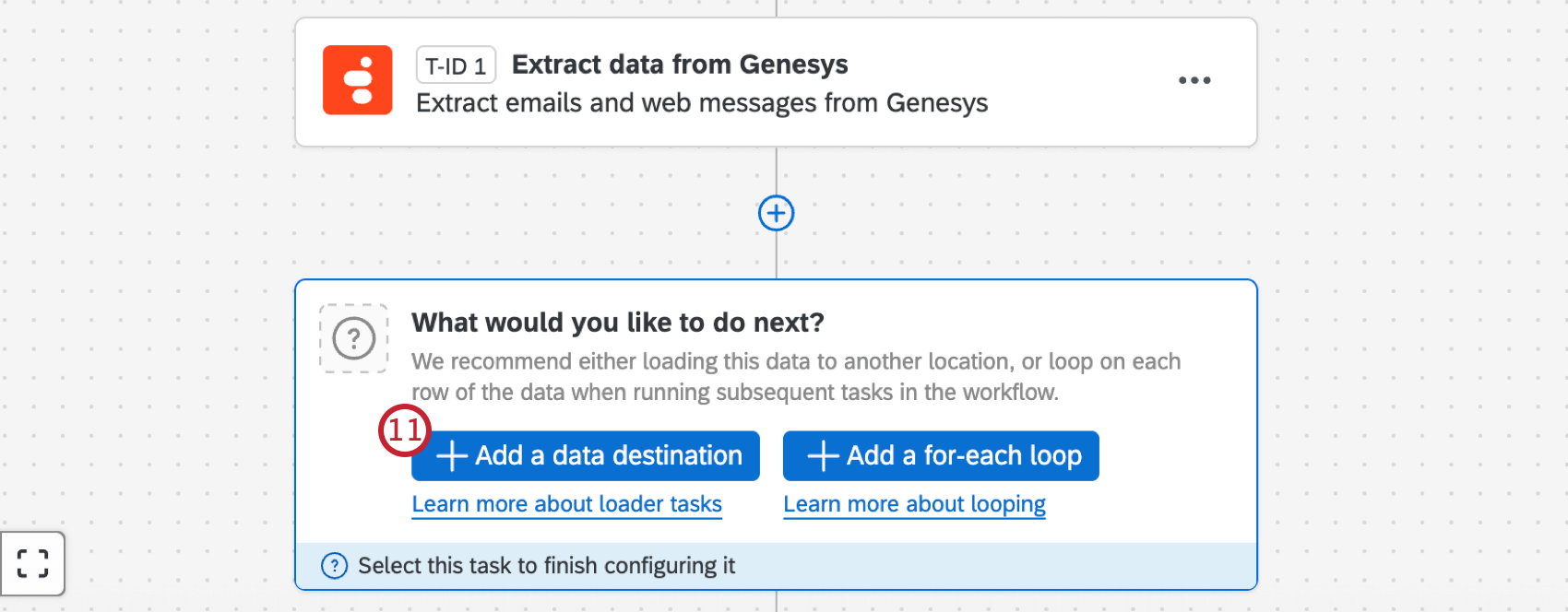 button within a workflow to add a data destination