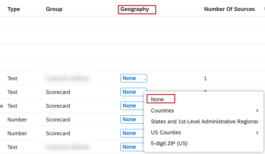Locate an attribute or a model you wish to mark as geographic and select an option in the Geography column