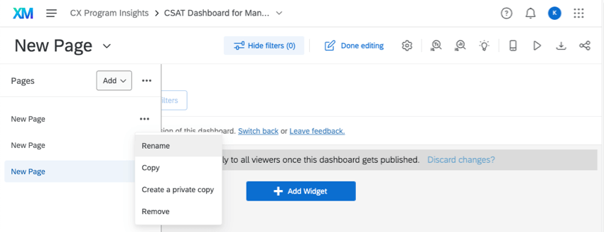 Menu opens to the left, showing dashboard pages