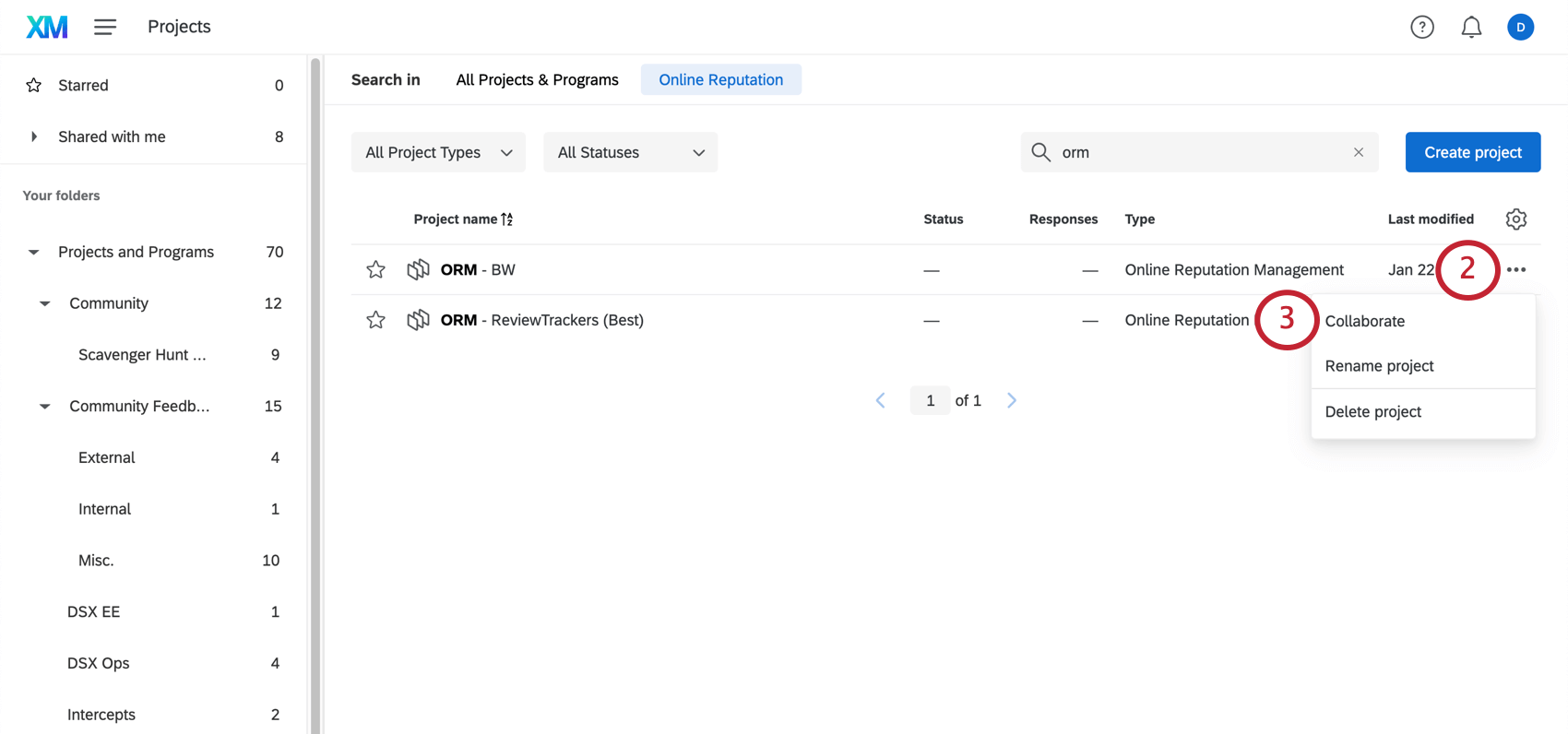 Menu à trois points sur la page des projets ouvert, option de collaboration mise en évidence