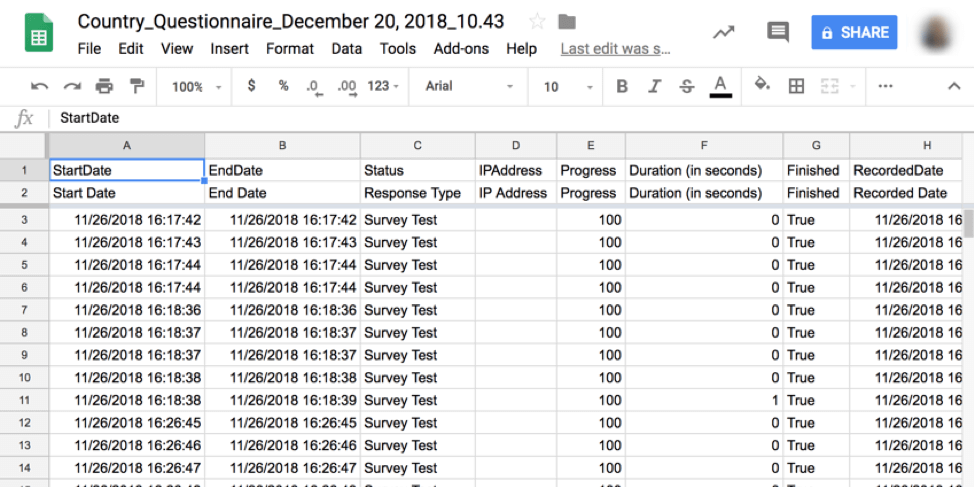 Uma planilha do Google preenchida com dados de exemplo do Qualtrics. As colunas são organizadas da mesma forma que uma exportação CSV