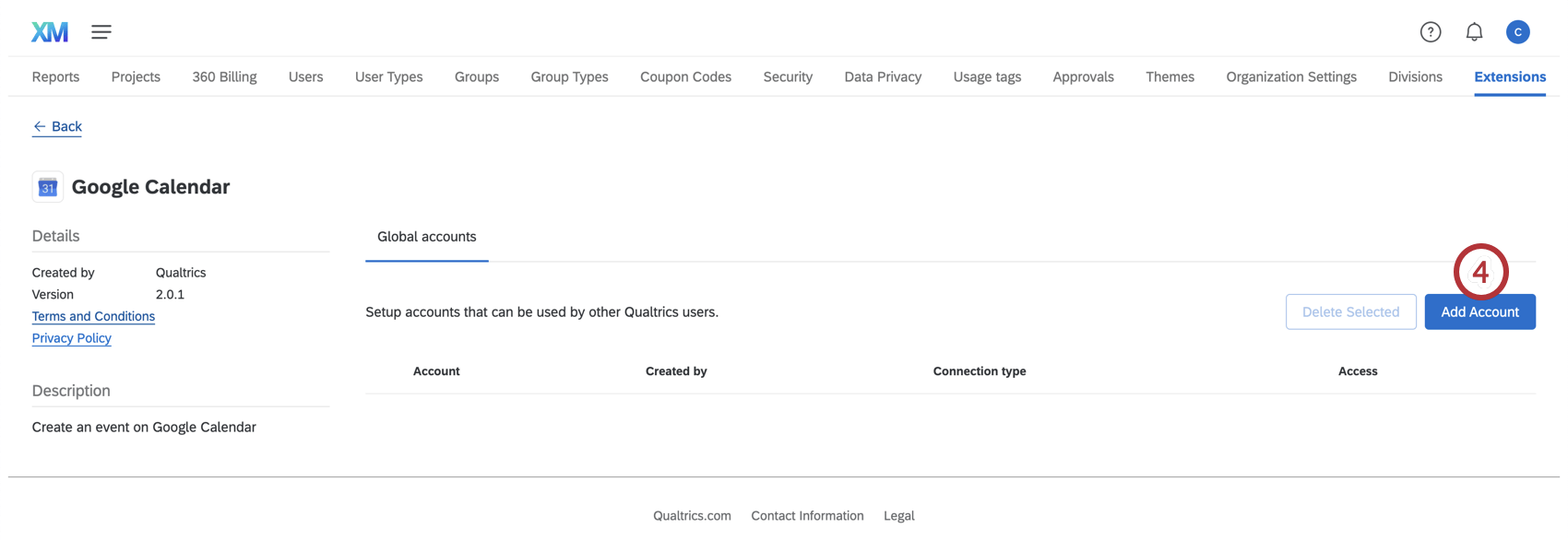 Descripción general de la extensión de Google Calendar con el número 4 siguiente al botón Agregar cuenta