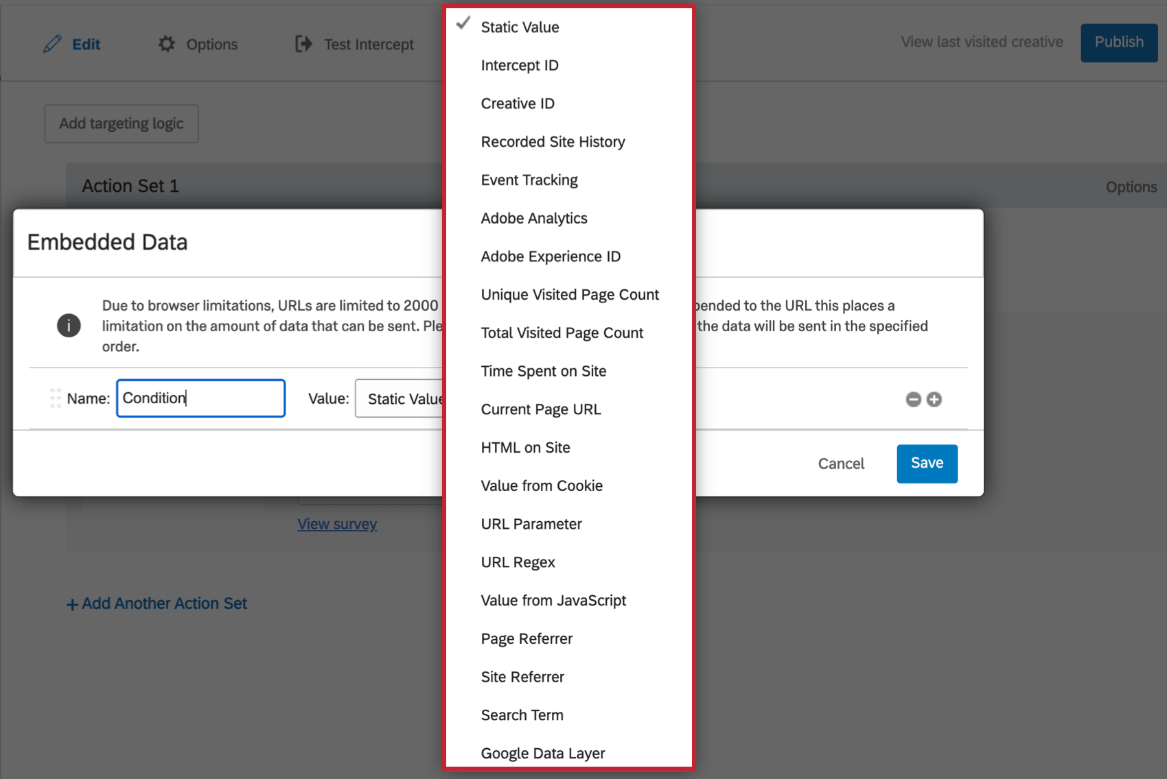 Embedded data value types in the drop down menu of the Website Feedback embedded data