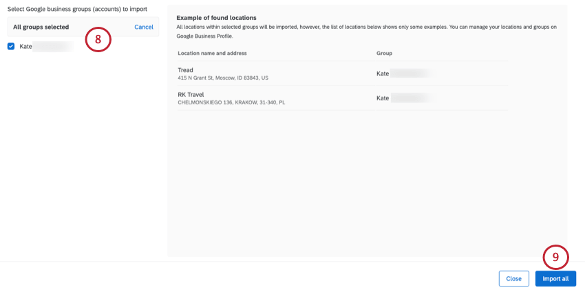 Page where you select a group to import