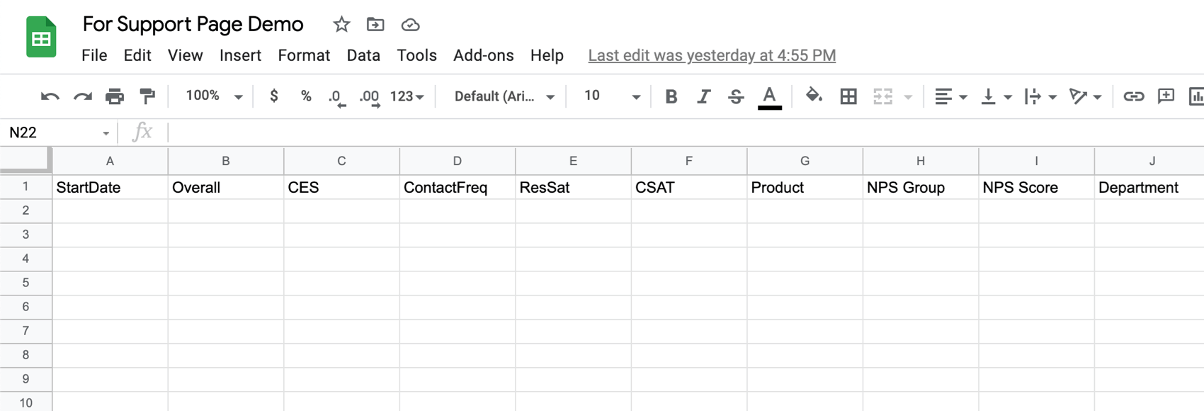 Screenshot of a google sheet that has columns for stuff like StartDate, Overall Rating, Customer Effort Score, Contact Frequency, and so on.