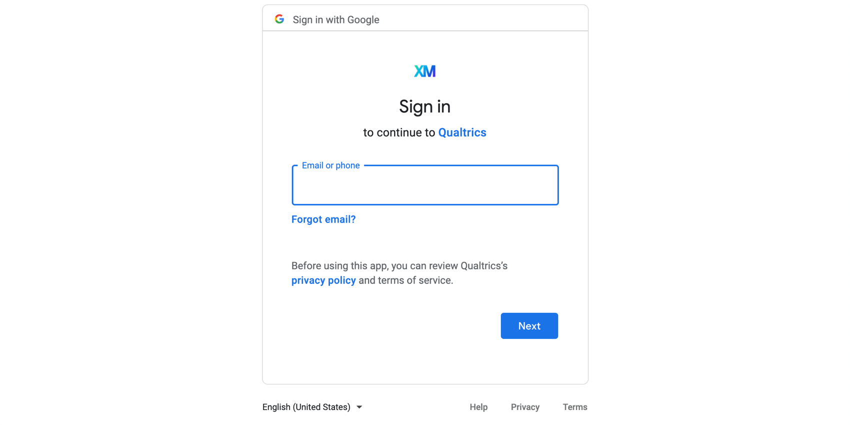 googleログイン画面のスクリーンショット。クアルトリクスxmのロゴが上にある。
