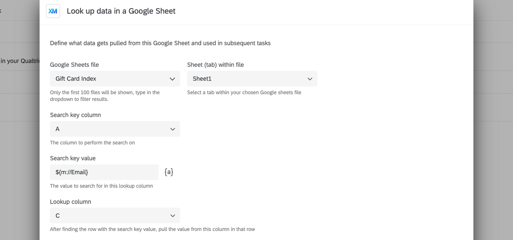 ギフトカードコードを検索するgoogleシートのタスク例