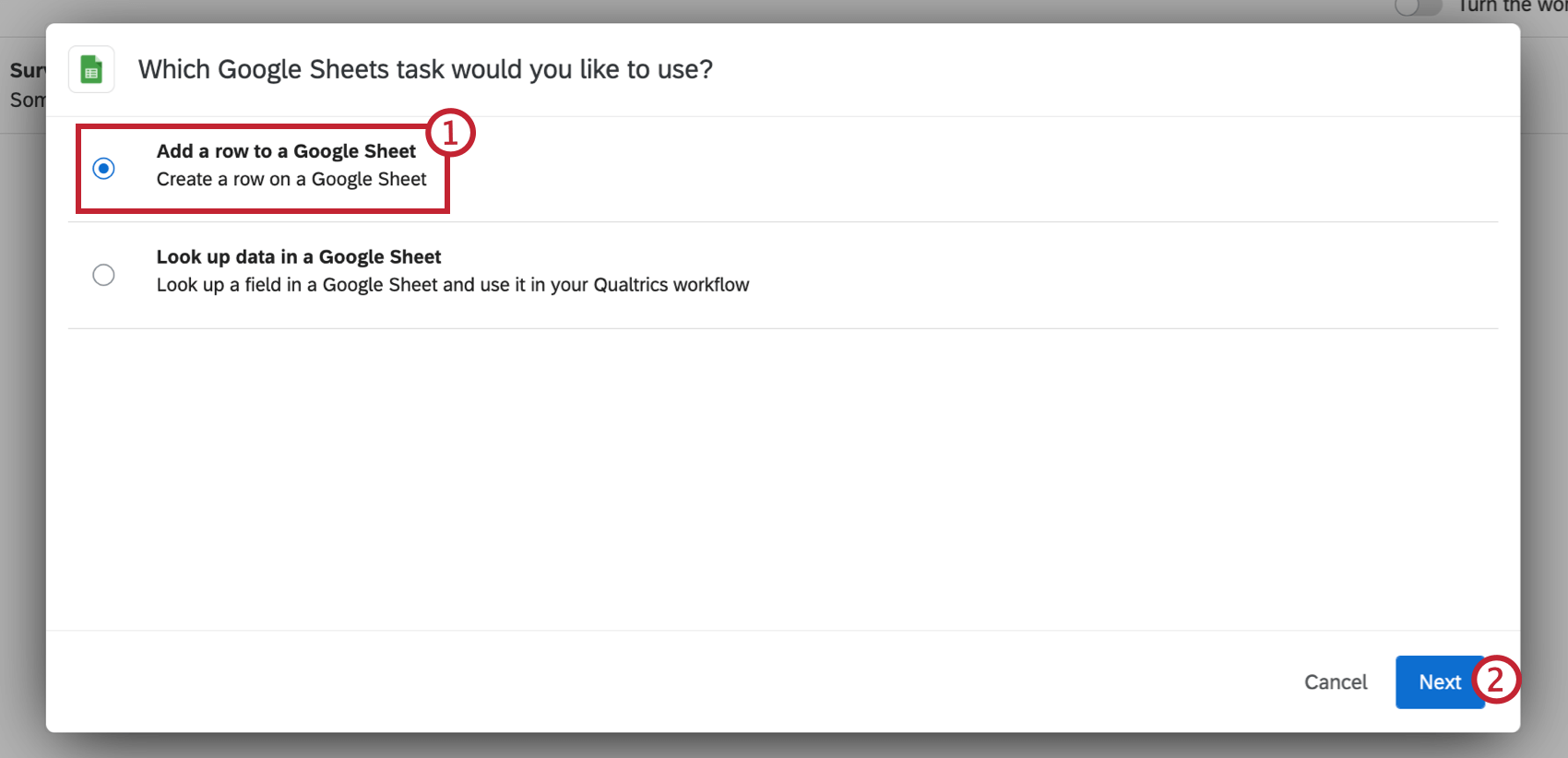 selecting "add a row to a google sheet" option