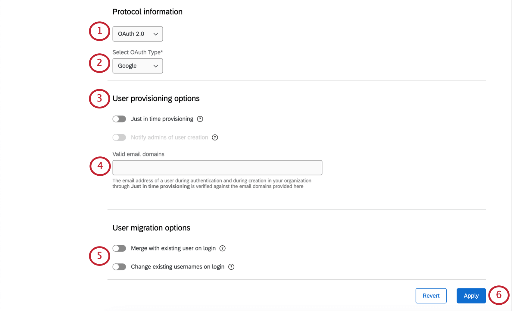 Abschnitt für Protokollinformationen mit dem ersten Dropdown mit OAuth 2.0 und dem zweiten Dropdown mit Google